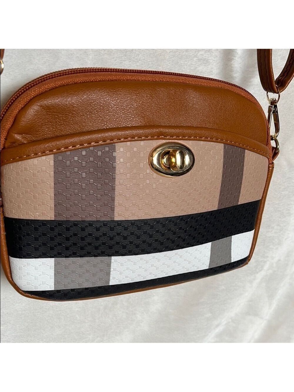 White and Tan Crossbody Bag with Adjustable Strap